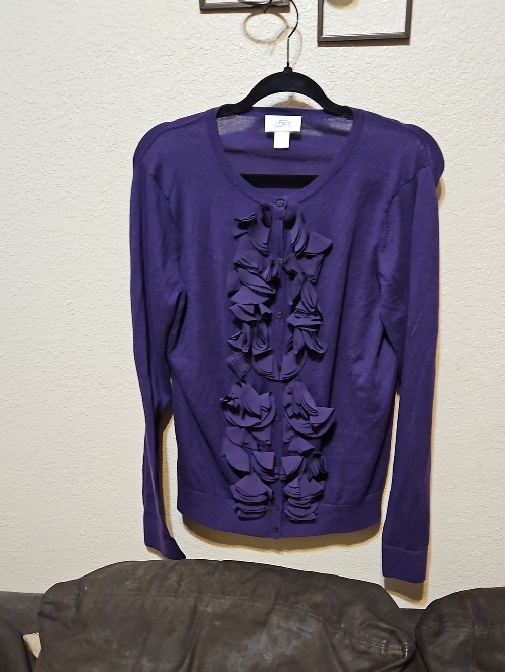 LOFT Deep Purple Ruffle-Front Cardigan